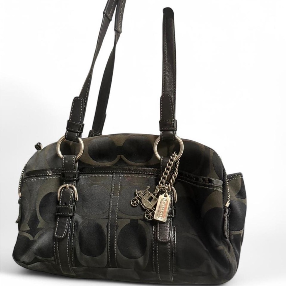Coach Black and Brown Shoulder Bag with Signature Monogram